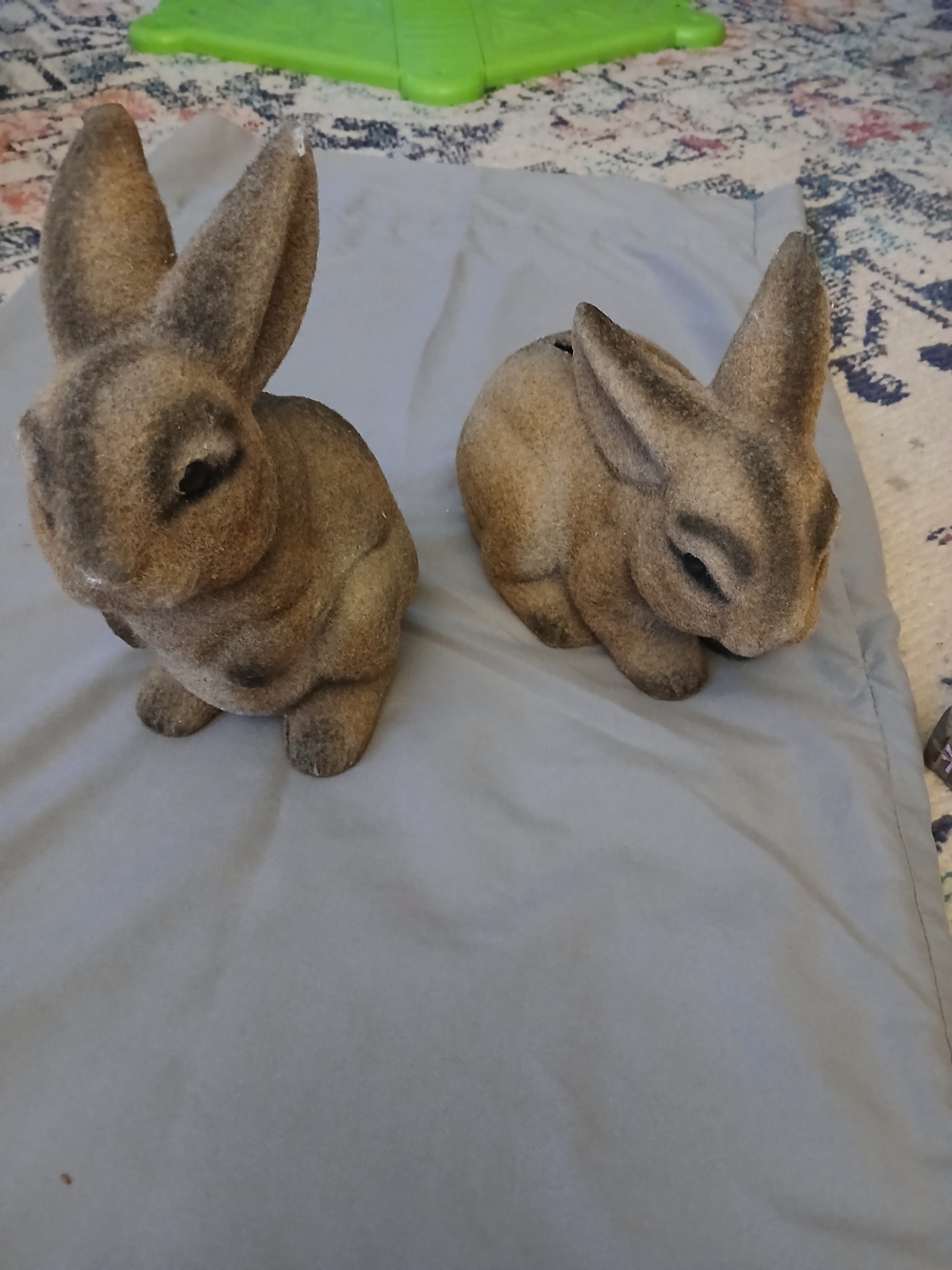 2 Vtg Flocked Bunny Bank with Stoppers Brown Easter Rabbit Child’s Bank. see pic